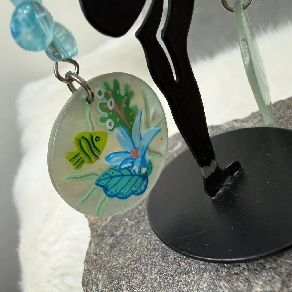 Hand Painted Fish Ocean Scene Dangle & Drop Pierced Earrings